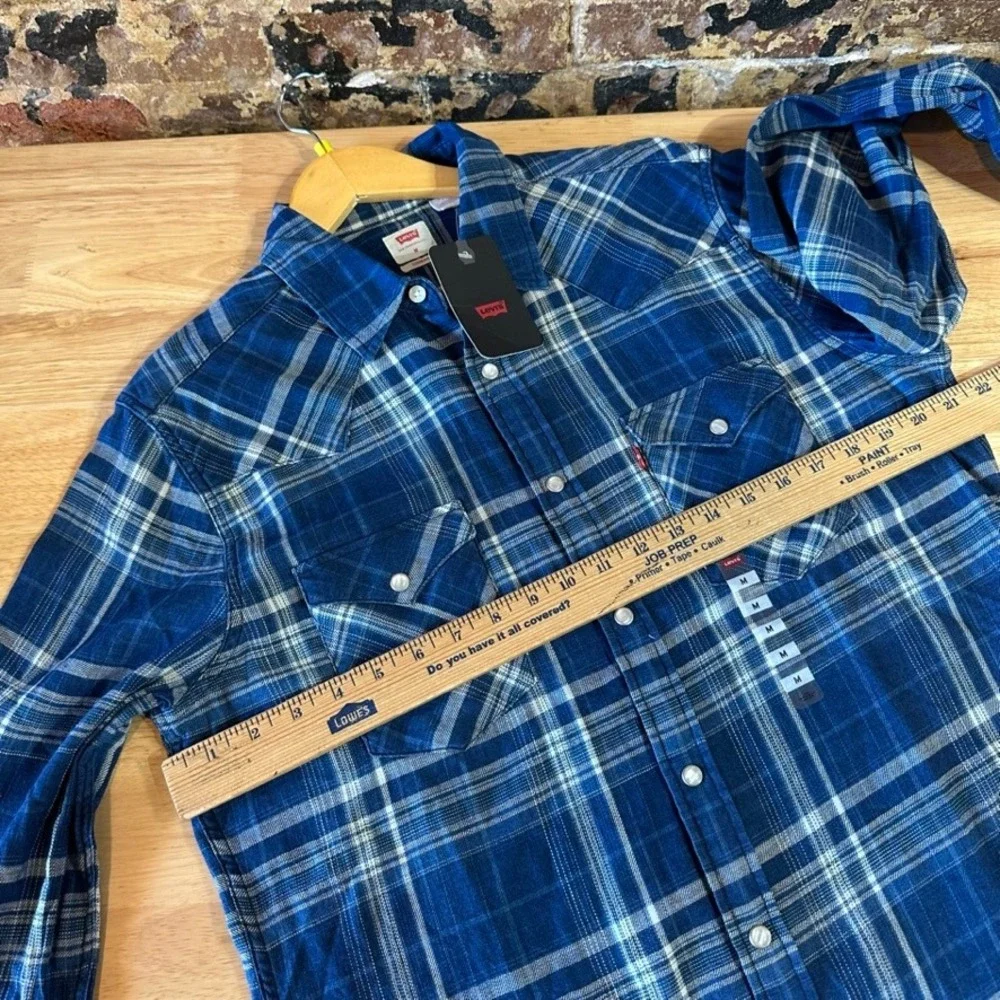 Levis Pearl Snap Shirt Long Sleeve Western Mens Medium Blue Plaid Levi's NEW